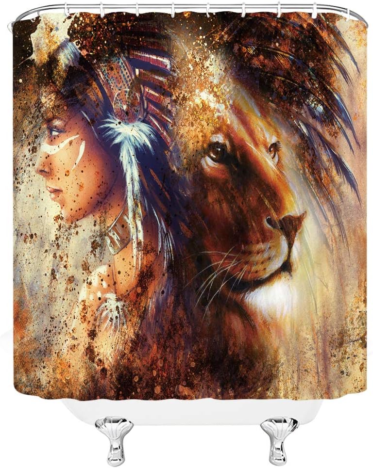 Native American Lion Shower Curtain - Feather Indian Wildlife Bathroom Decor