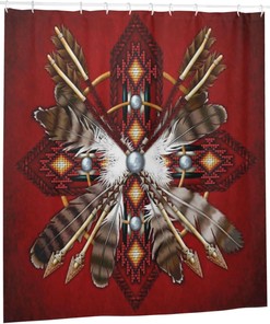 Native American Medicine Wheel Shower Curtain - Red Tribal Feather Bathroom Decor