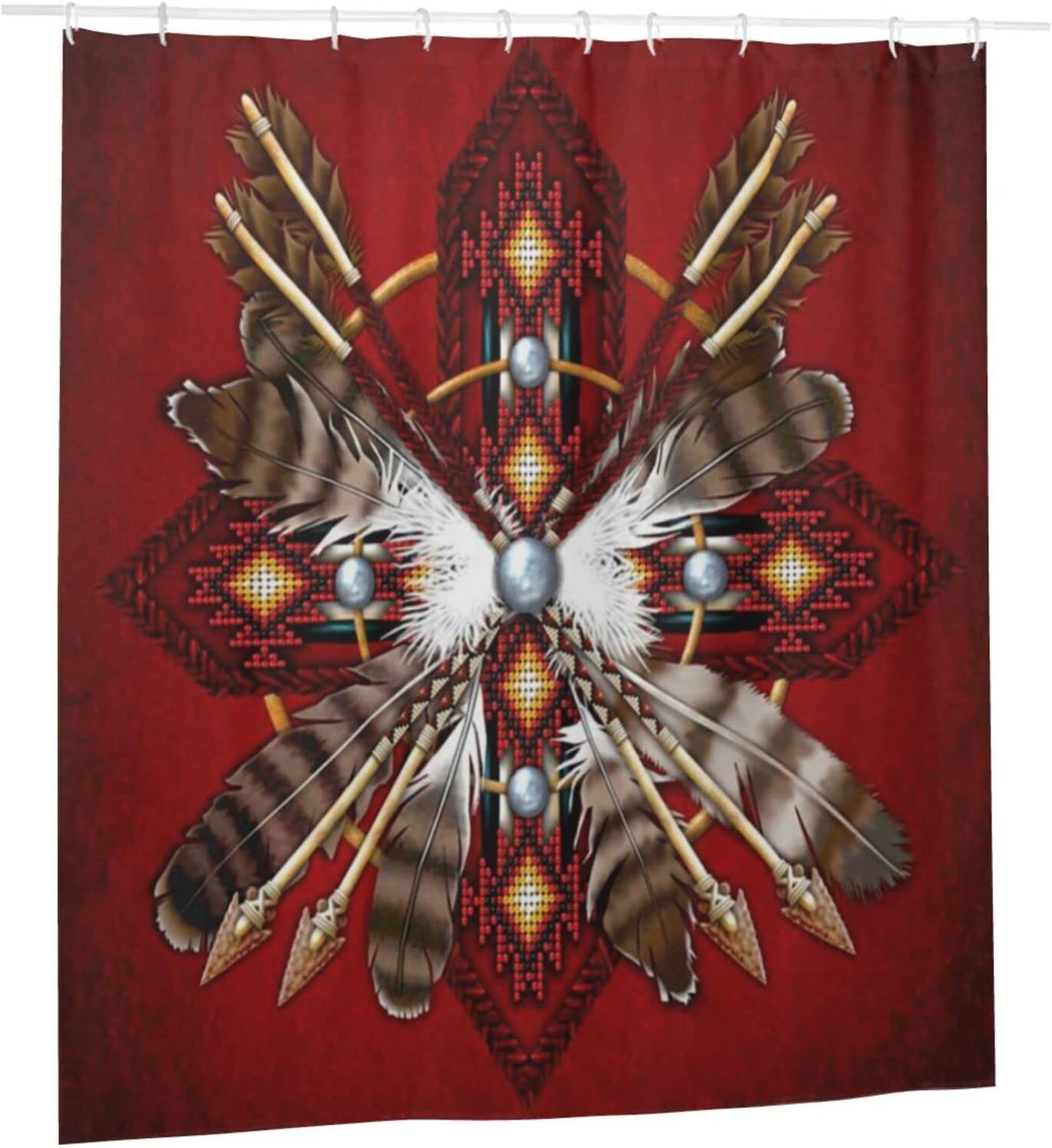 Native American Medicine Wheel Shower Curtain - Red Tribal Feather Bathroom Decor