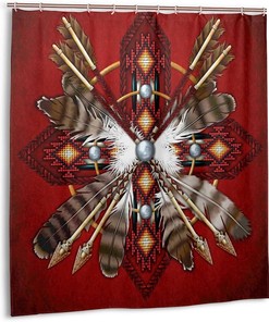 Native American Medicine Wheel Shower Curtain - Red Tribal Feather Bathroom Decor