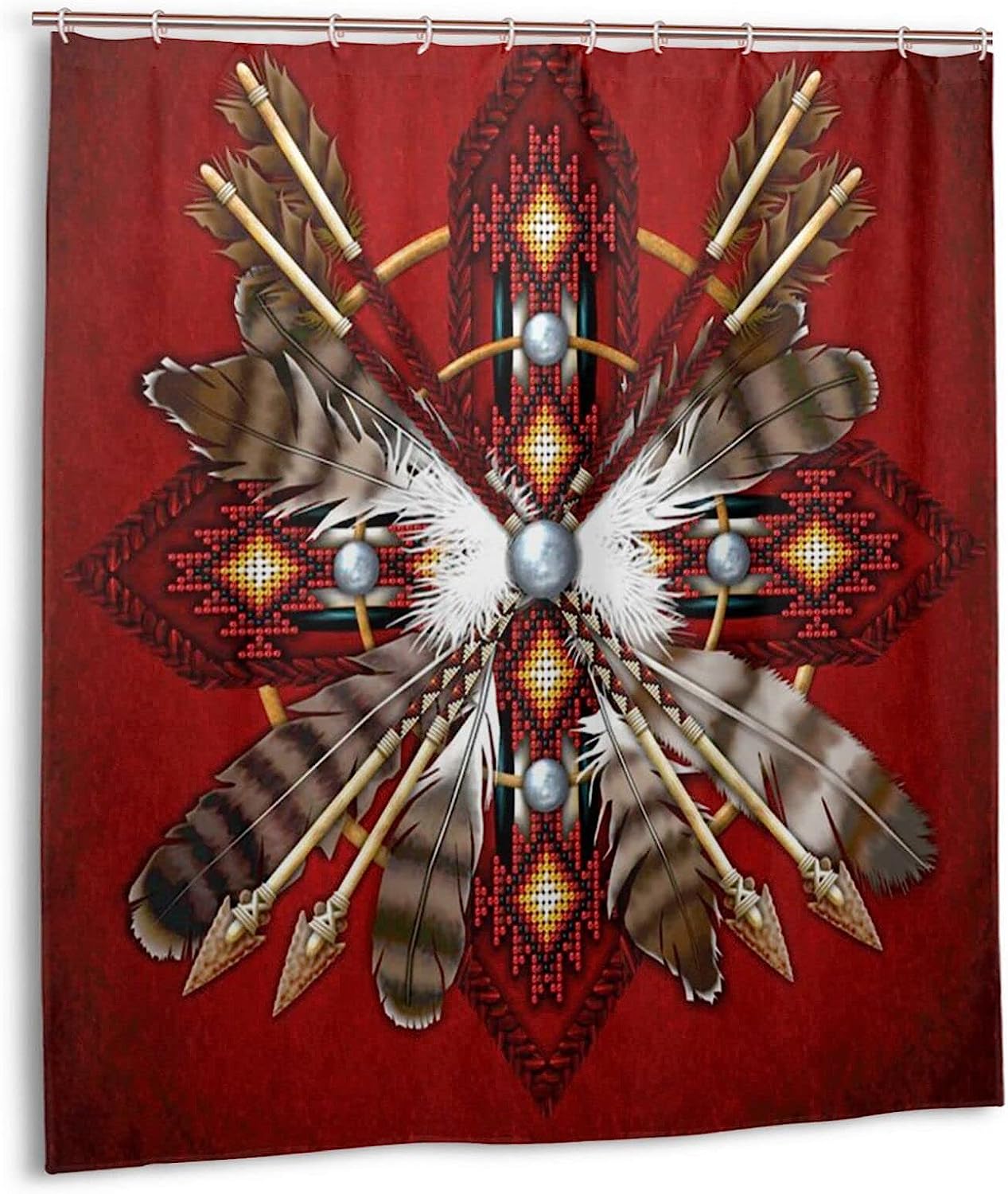 Native American Medicine Wheel Shower Curtain - Red Tribal Feather Bathroom Decor