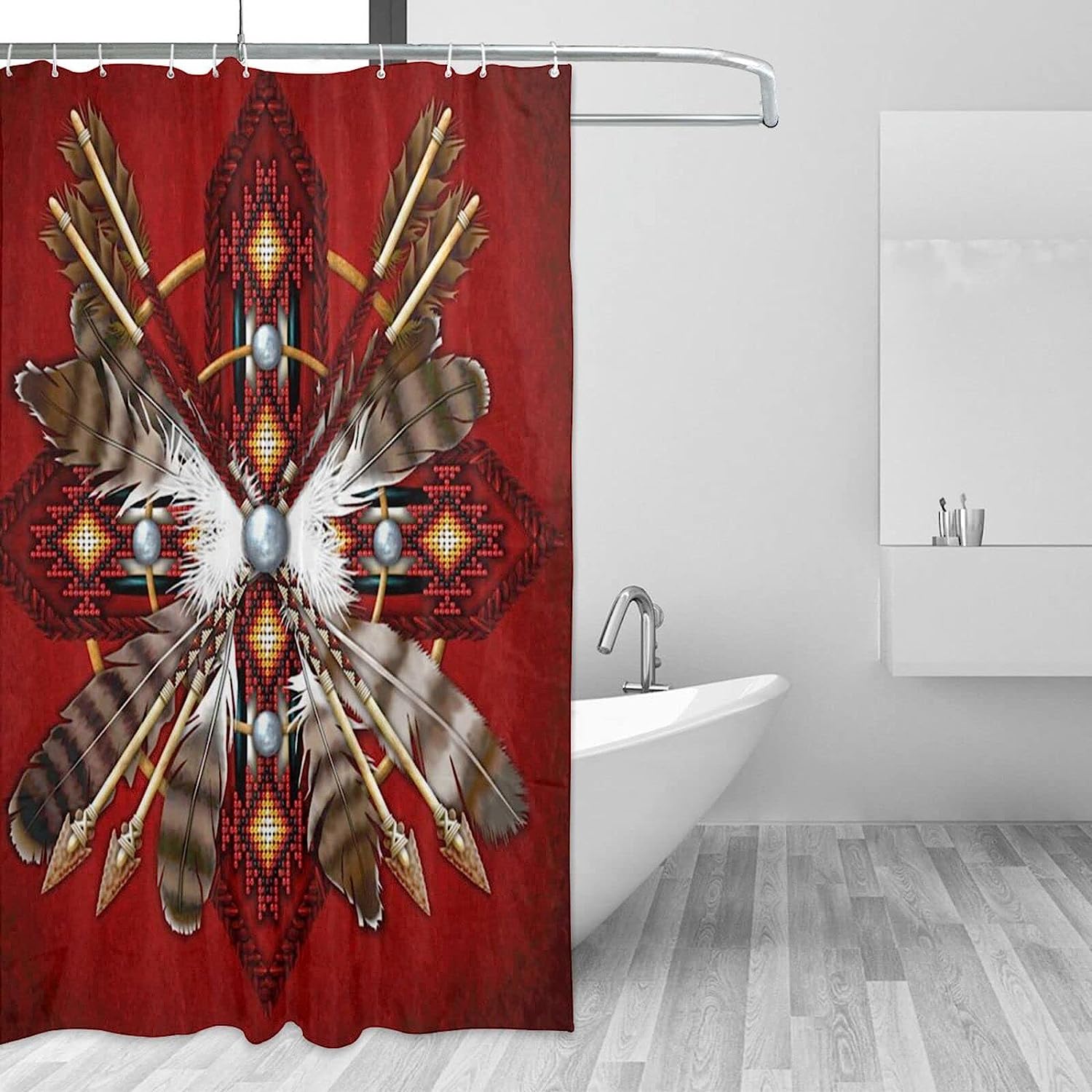 Native American Medicine Wheel Shower Curtain - Red Tribal Feather Bathroom Decor
