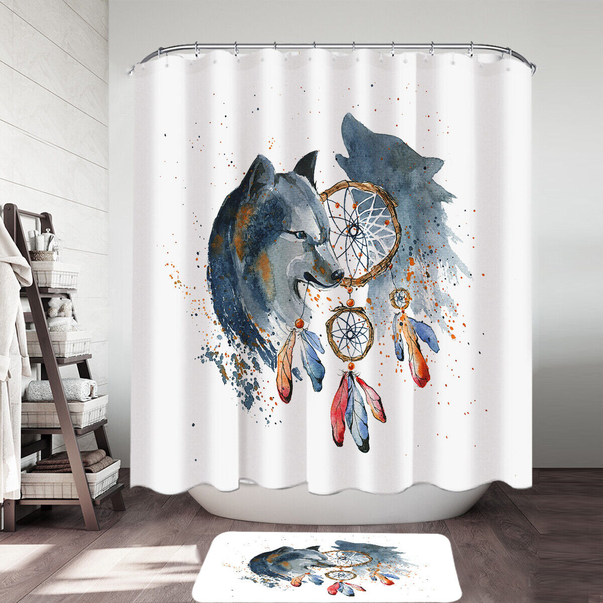 Native American Wolf Painting Shower Curtain - Aztec Bathroom Decor