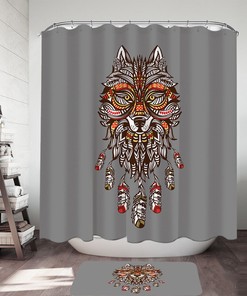Native American Wolf Print Shower Curtain in red and yellow for a unique bathroom decor