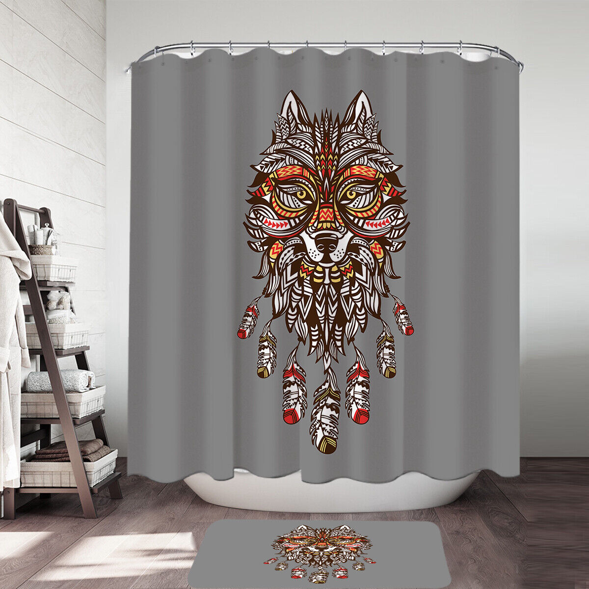 Native American Wolf Print Shower Curtain in red and yellow for a unique bathroom decor