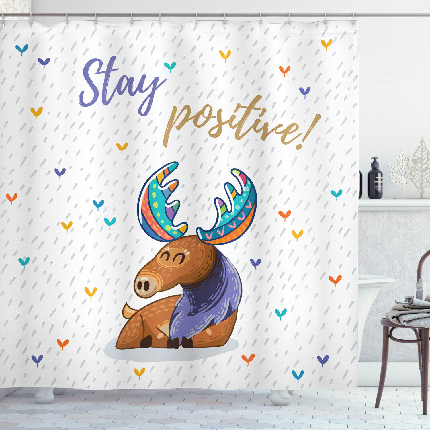 Native Animals Cartoon Print Moose Shower Curtain for Bathroom