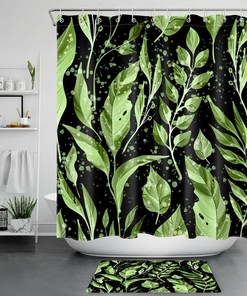 Natural And Creative Black Leaf Shower Curtain With Green Botanical Pattern For Bathroom Decor