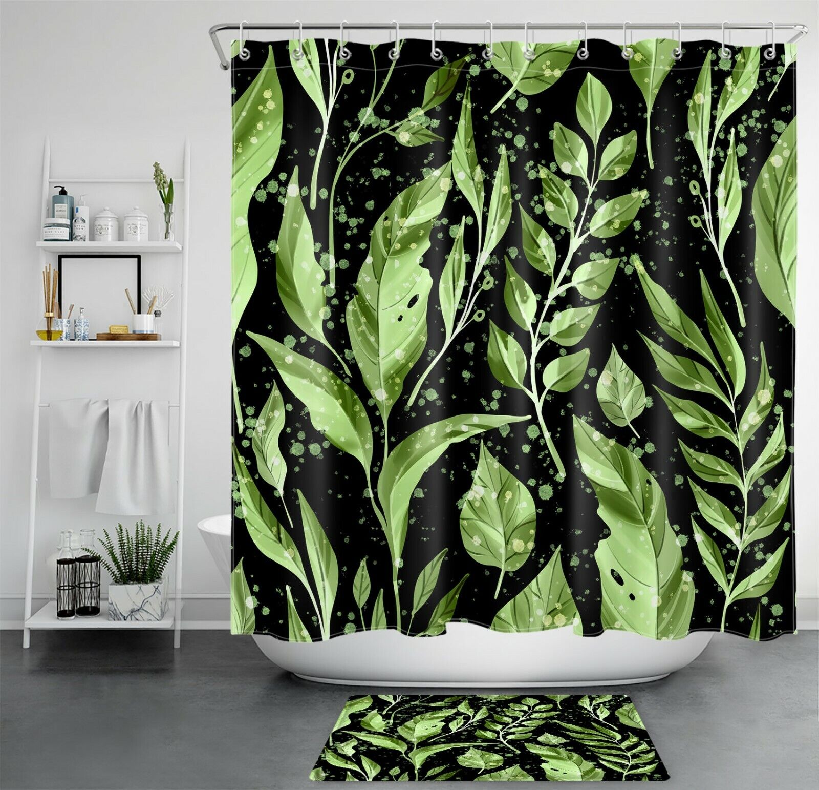 Natural And Creative Black Leaf Shower Curtain With Green Botanical Pattern For Bathroom Decor