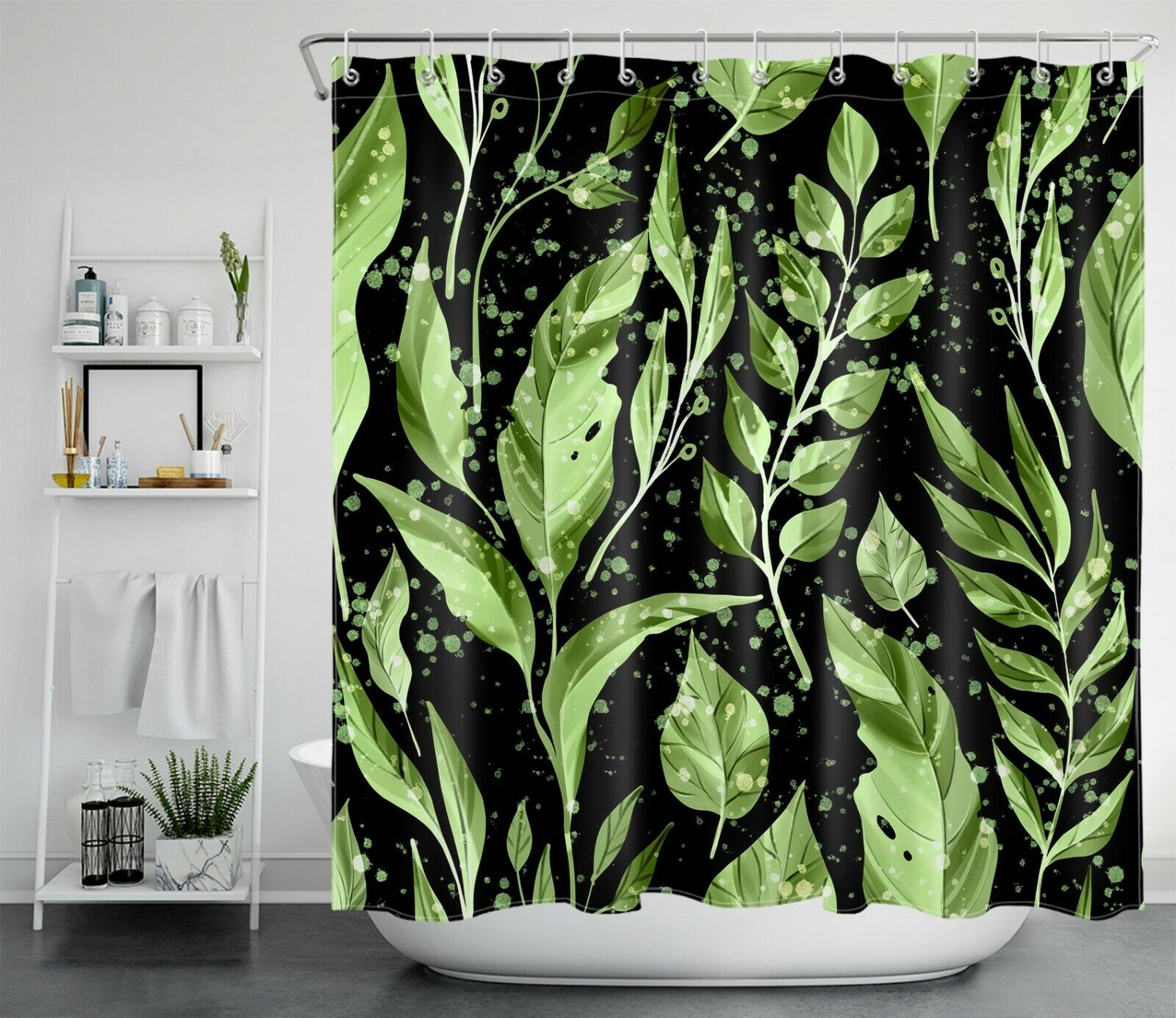 Natural And Creative Black Leaf Shower Curtain With Green Botanical Pattern For Bathroom Decor - Image 2