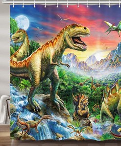 Natural And Wildlife-Themed Dinosaur Forest Fabric Shower Curtain For A Refreshing Bathroom Look