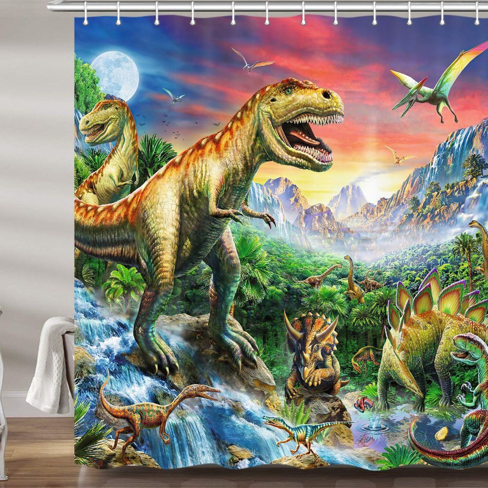 Natural And Wildlife-Themed Dinosaur Forest Fabric Shower Curtain For A Refreshing Bathroom Look