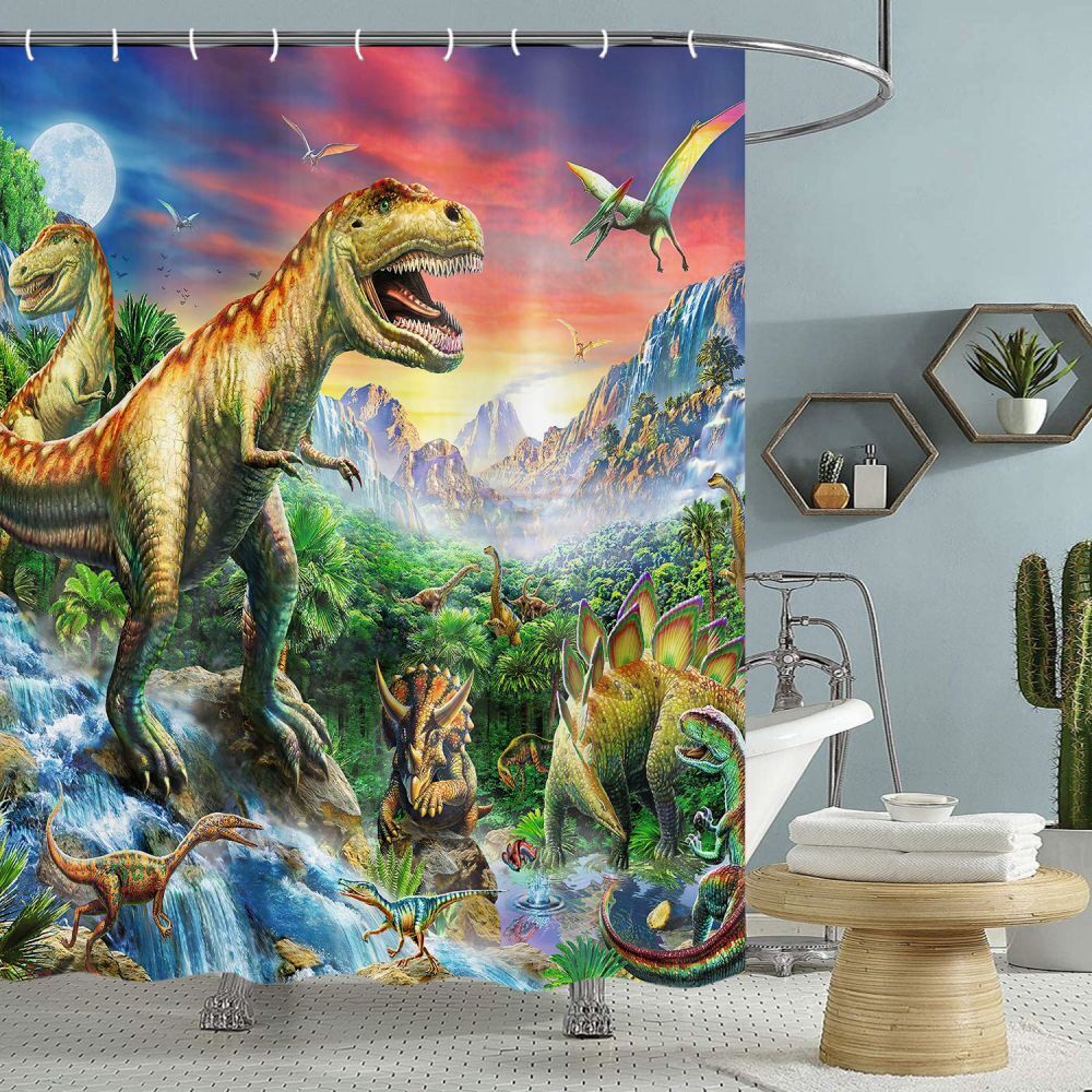 Natural And Wildlife-Themed Dinosaur Forest Fabric Shower Curtain For A Refreshing Bathroom Look - Image 2