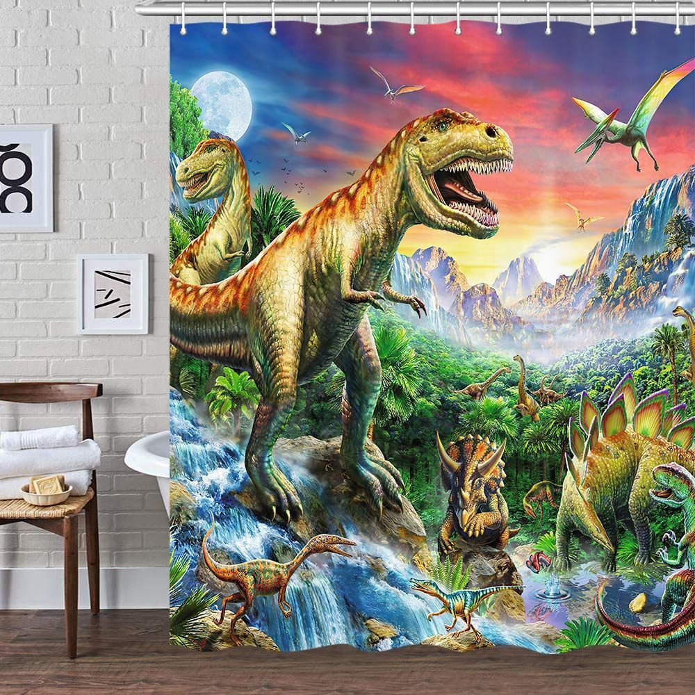 Natural And Wildlife-Themed Dinosaur Forest Fabric Shower Curtain For A Refreshing Bathroom Look - Image 3