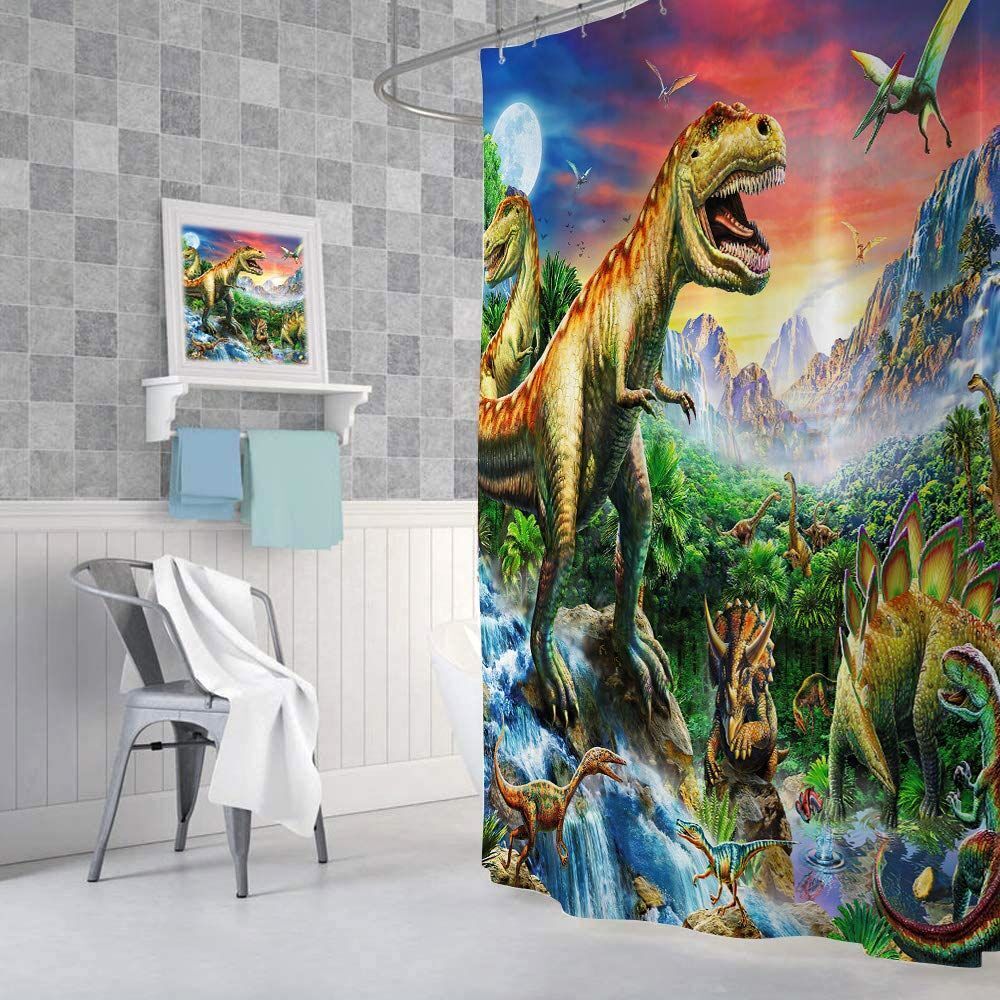 Natural And Wildlife-Themed Dinosaur Forest Fabric Shower Curtain For A Refreshing Bathroom Look - Image 4