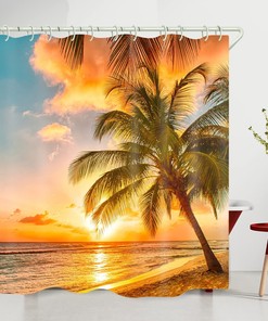 Natural Beach Coconut Tree Shower Curtain With Beautiful Sunset Print For A Tranquil Bathroom