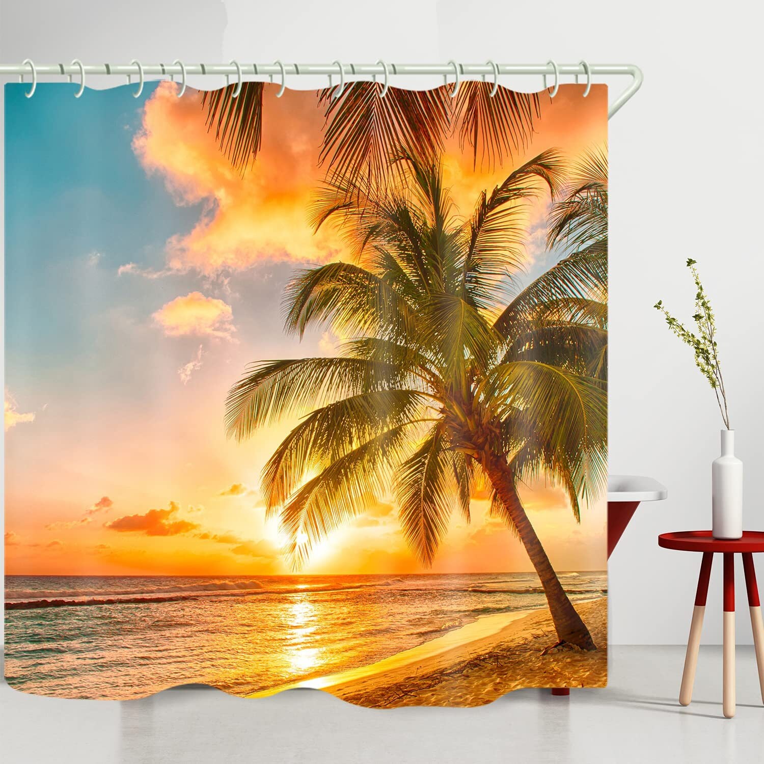 Natural Beach Coconut Tree Shower Curtain With Beautiful Sunset Print For A Tranquil Bathroom