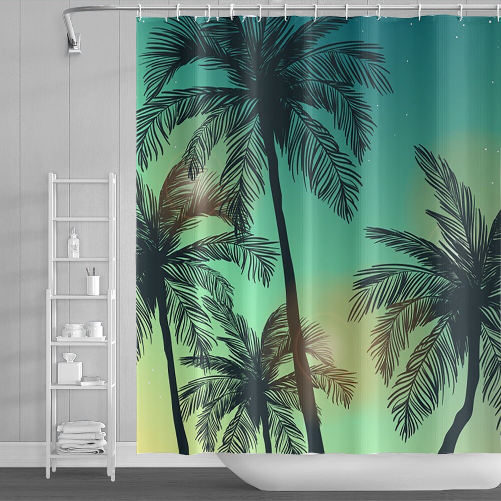 Natural Beach Coconut Tree Shower Curtain With Beautiful Sunset Print For A Tranquil Bathroom - Image 2