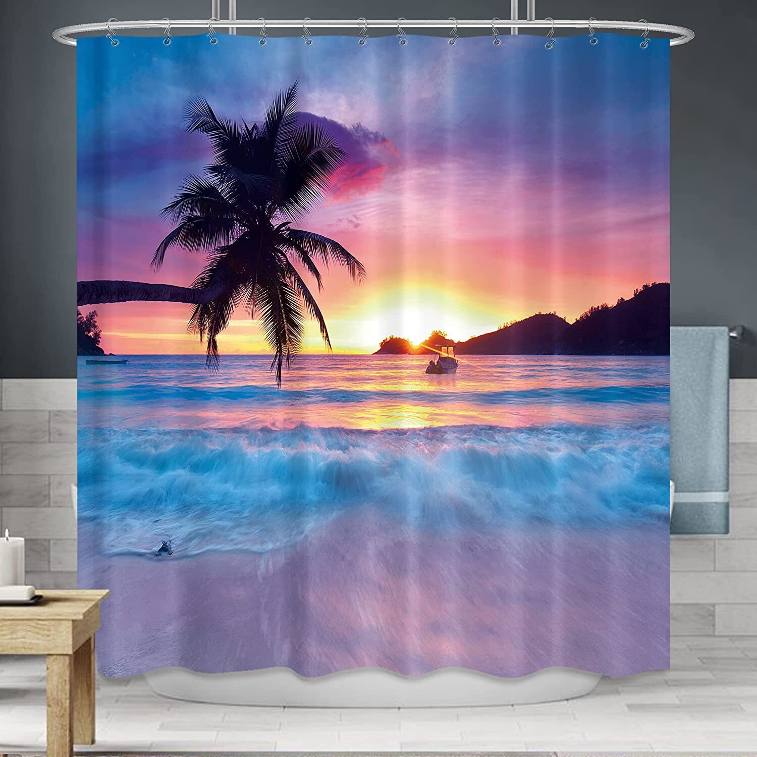Natural Beach Coconut Tree Shower Curtain With Beautiful Sunset Print For A Tranquil Bathroom - Image 3