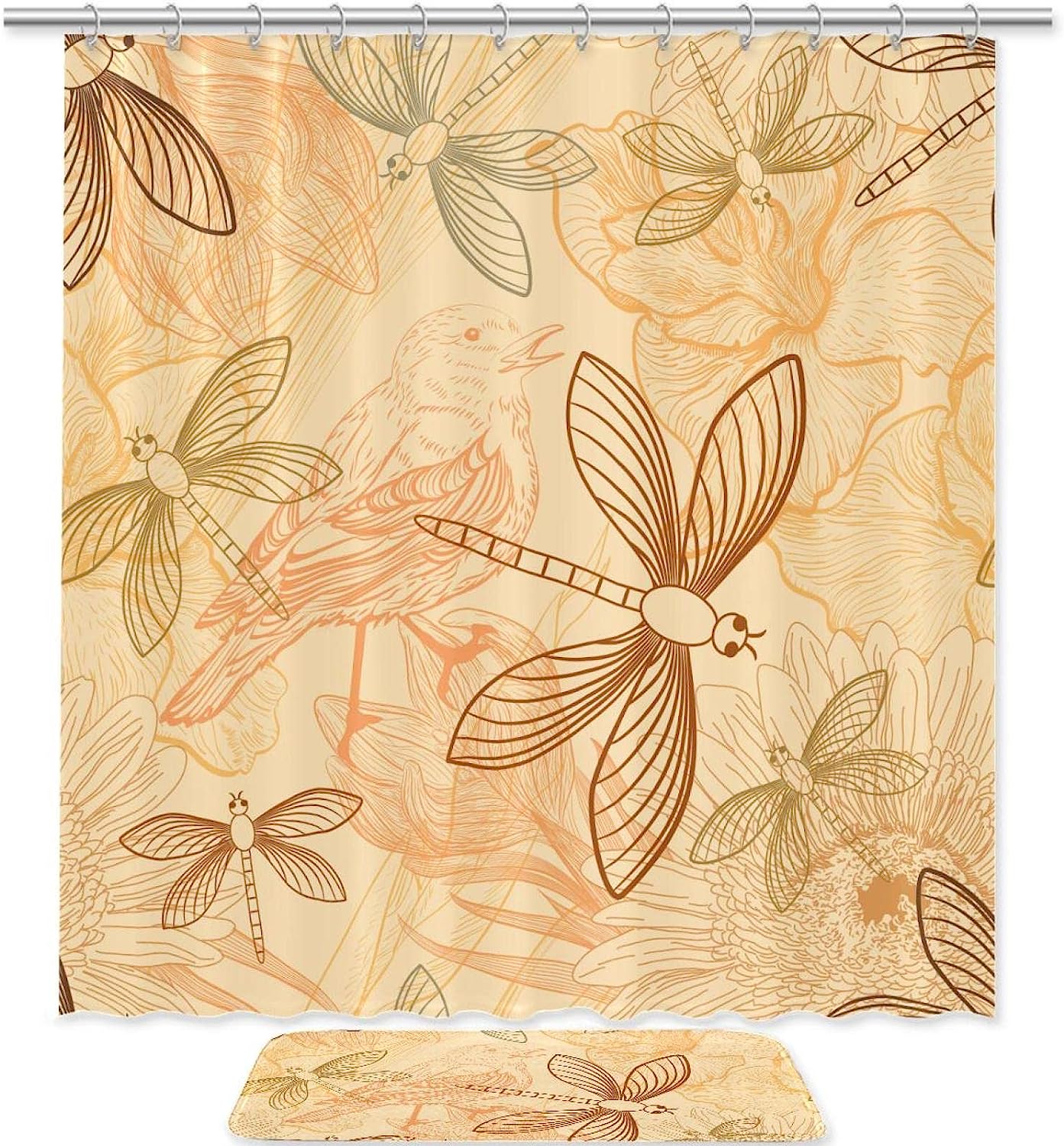 Natural Birds & Dragonfly Printed Bathroom Tub Set With Waterproof Fabric Shower Curtain