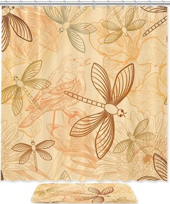 Natural Birds and Dragonfly Shower Curtain Mat - Fabric Bath Curtain for Your Bathroom