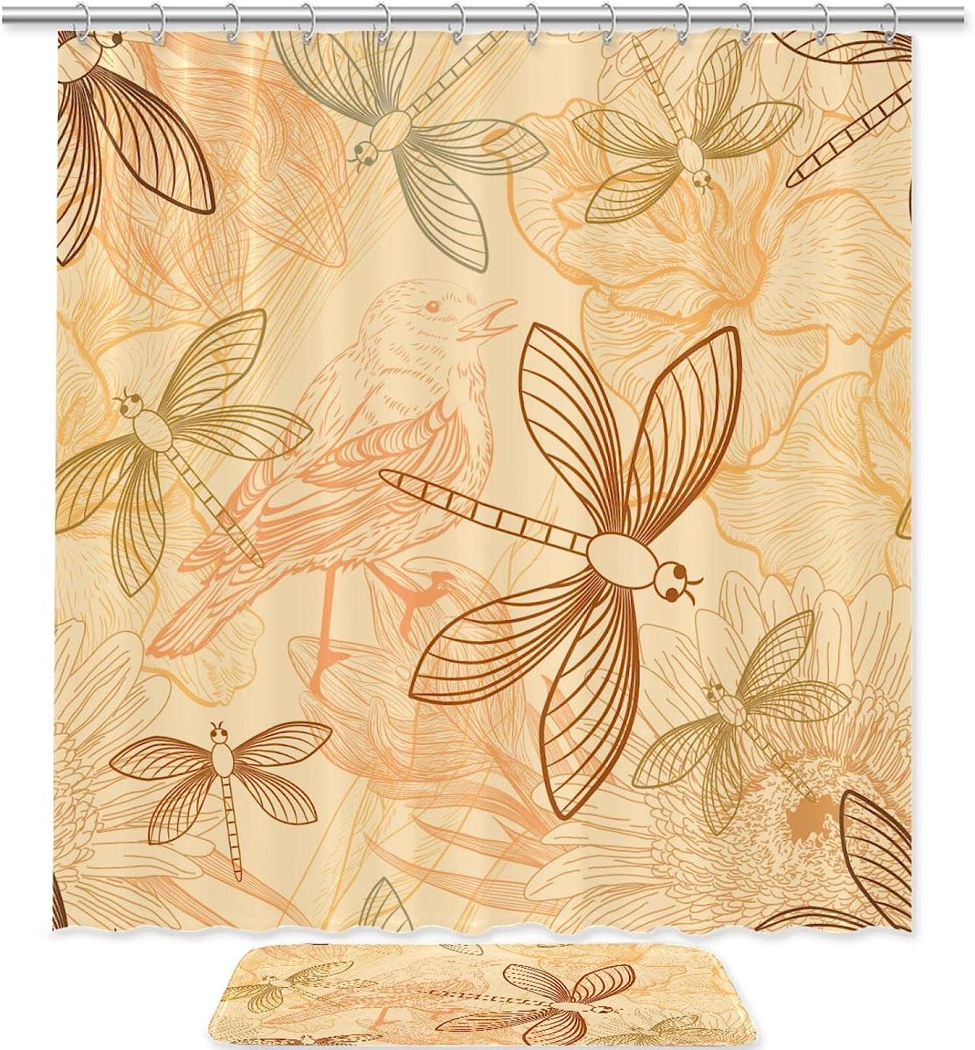 Natural Birds and Dragonfly Shower Curtain Mat - Fabric Bath Curtain for Your Bathroom