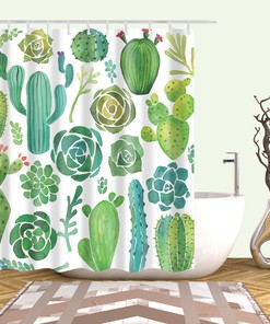 Natural Botanical Green Leaves and Palm Cactus Shower Curtain for Perfect Bathroom Decor