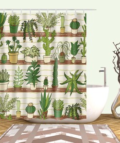 Natural Botanical Green Leaves and Palm Cactus Shower Curtain for a Cozy Bathroom Ambiance