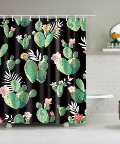 Natural Botanical Green Leaves and Palm Cactus Shower Curtain for a Cozy Bathroom Ambiance
