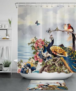 Natural Butterfly Peacock Floral Plant Shower Curtain - Bathroom Accessories