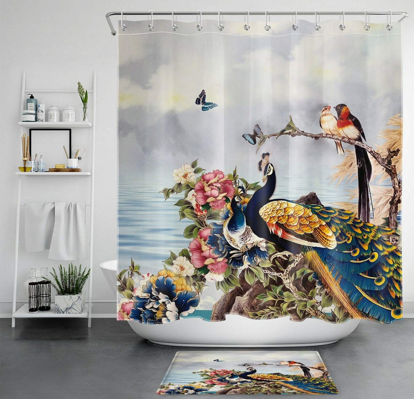 Natural Butterfly Peacock Floral Plant Shower Curtain - Bathroom Accessories