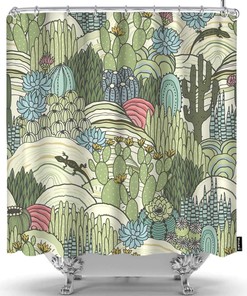 Natural Colored Cactus & Succulents Shower Curtain, Floral Landscape Bathroom Fabric Waterproof Curtain 