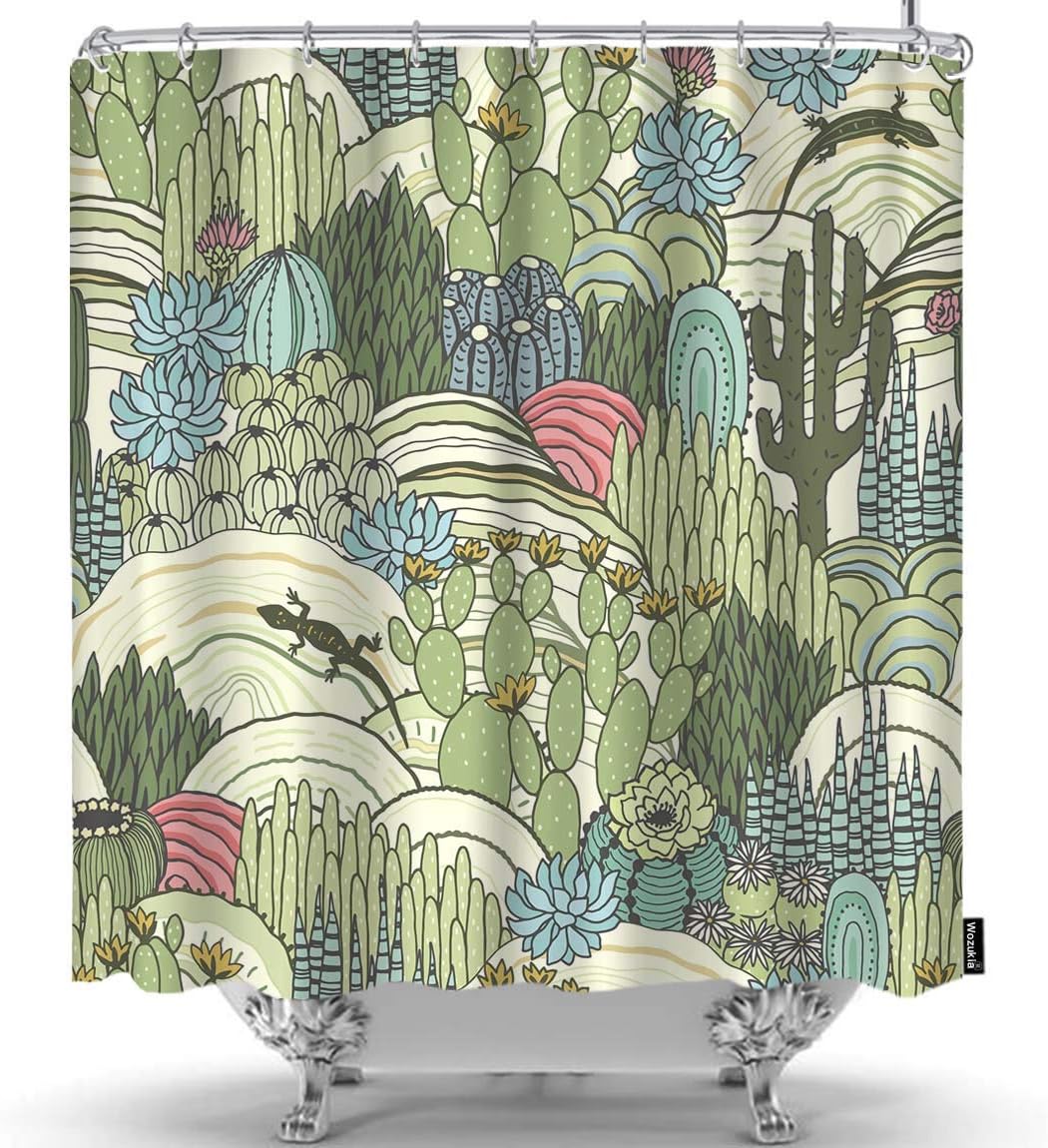 Natural Colored Cactus & Succulents Shower Curtain, Floral Landscape Bathroom Fabric Waterproof Curtain