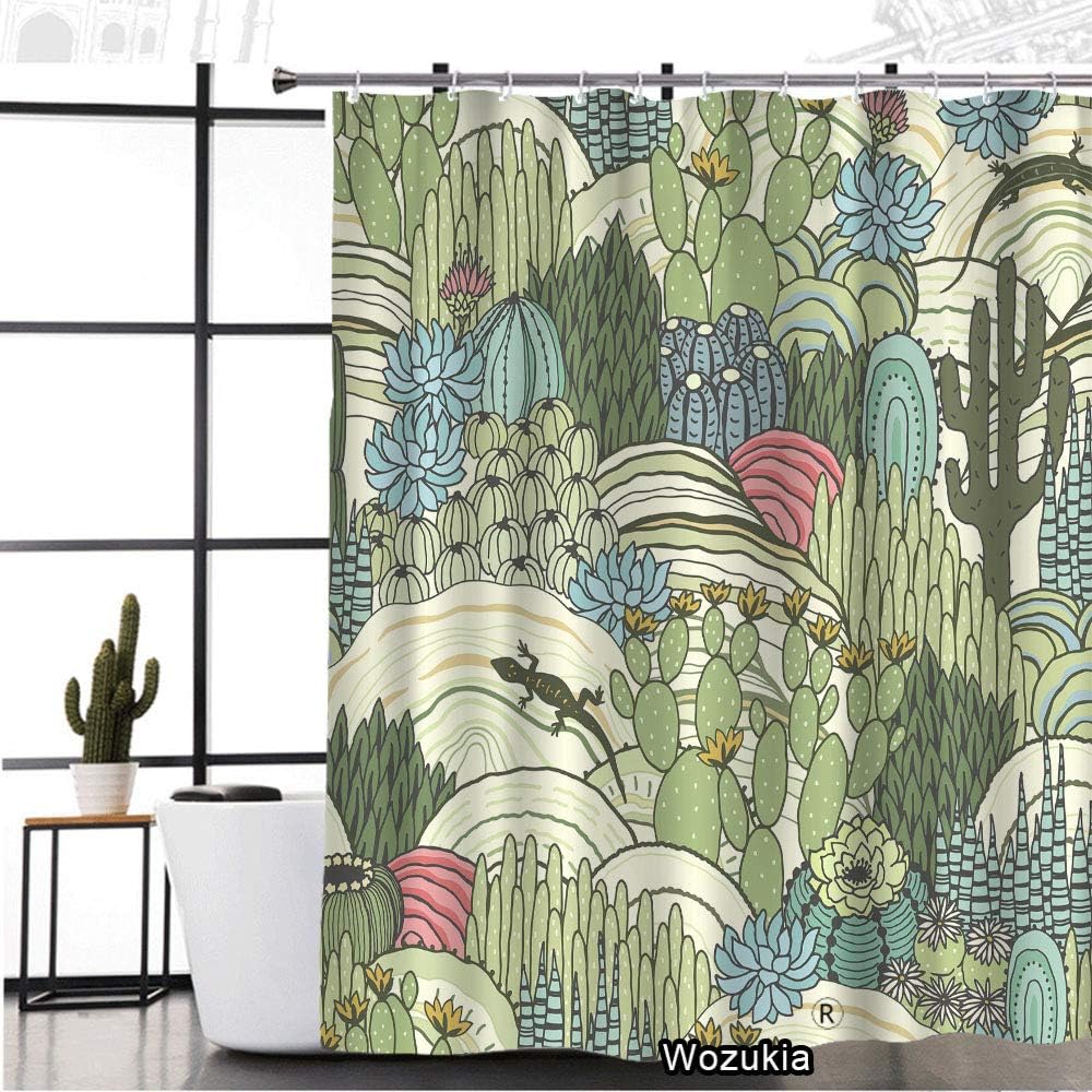 Natural Colored Cactus & Succulents Shower Curtain, Floral Landscape Bathroom Fabric Waterproof Curtain