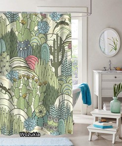 Natural Colored Cactus & Succulents Shower Curtain, Floral Landscape Bathroom Fabric Waterproof Curtain