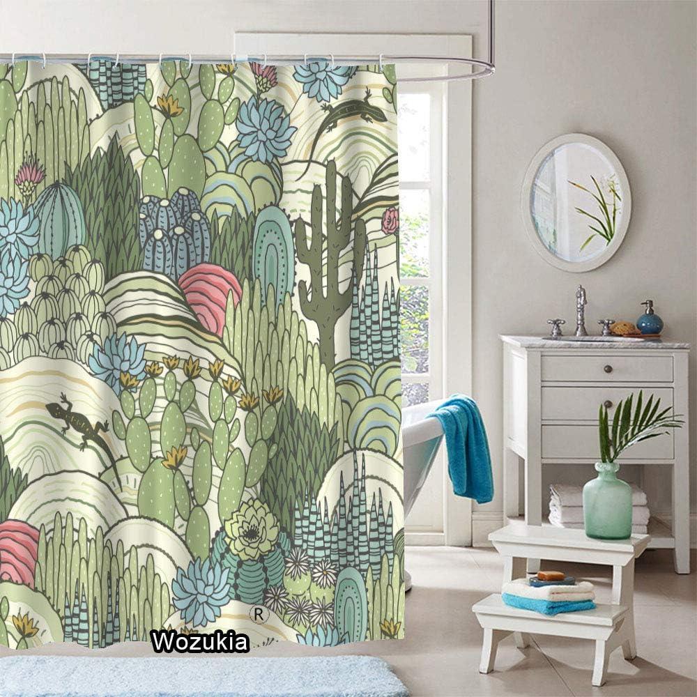 Natural Colored Cactus & Succulents Shower Curtain, Floral Landscape Bathroom Fabric Waterproof Curtain