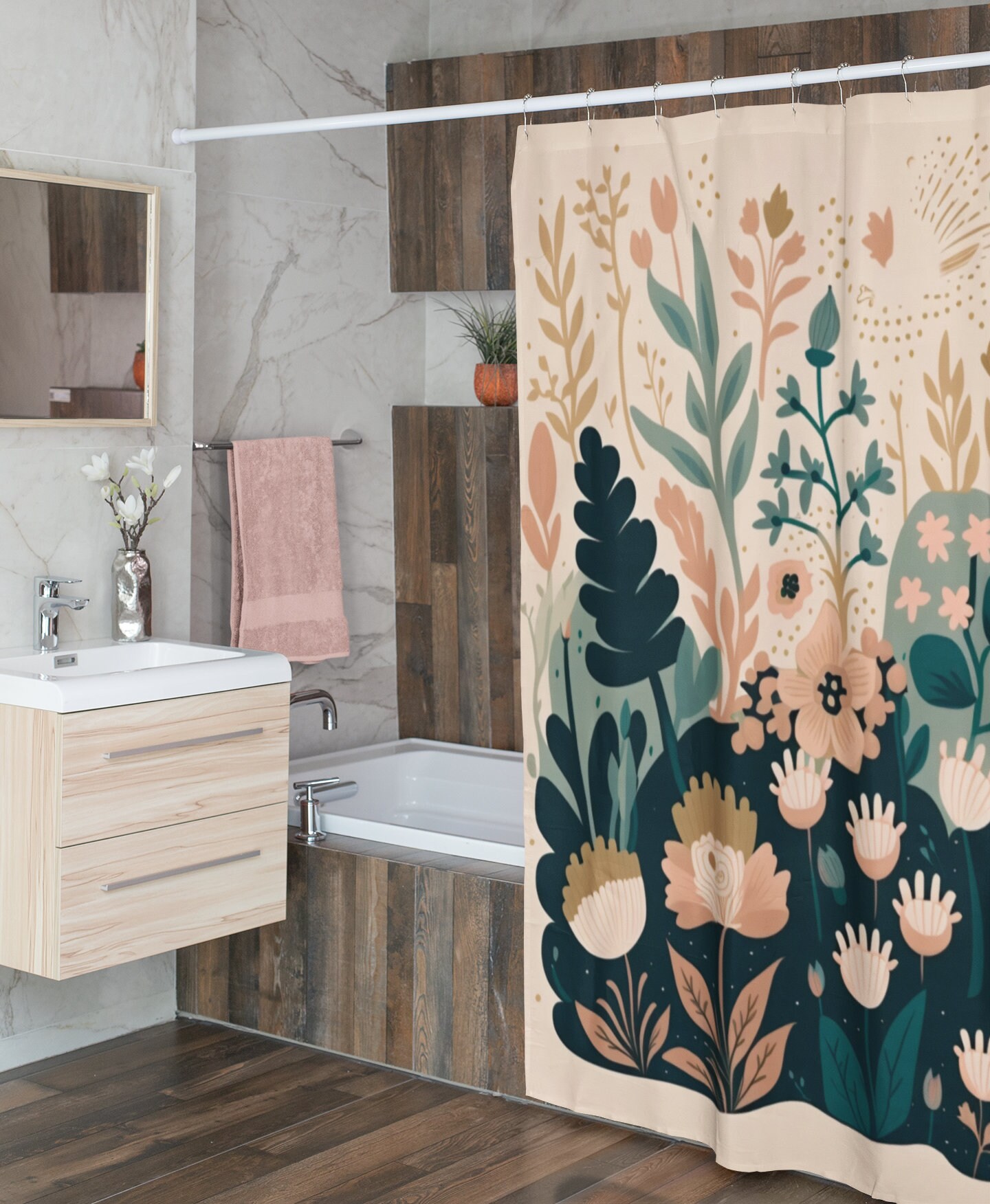 Natural Ferns Boho Shower Curtain With Pastel Pink Background For Bathroom Refresh Gifts