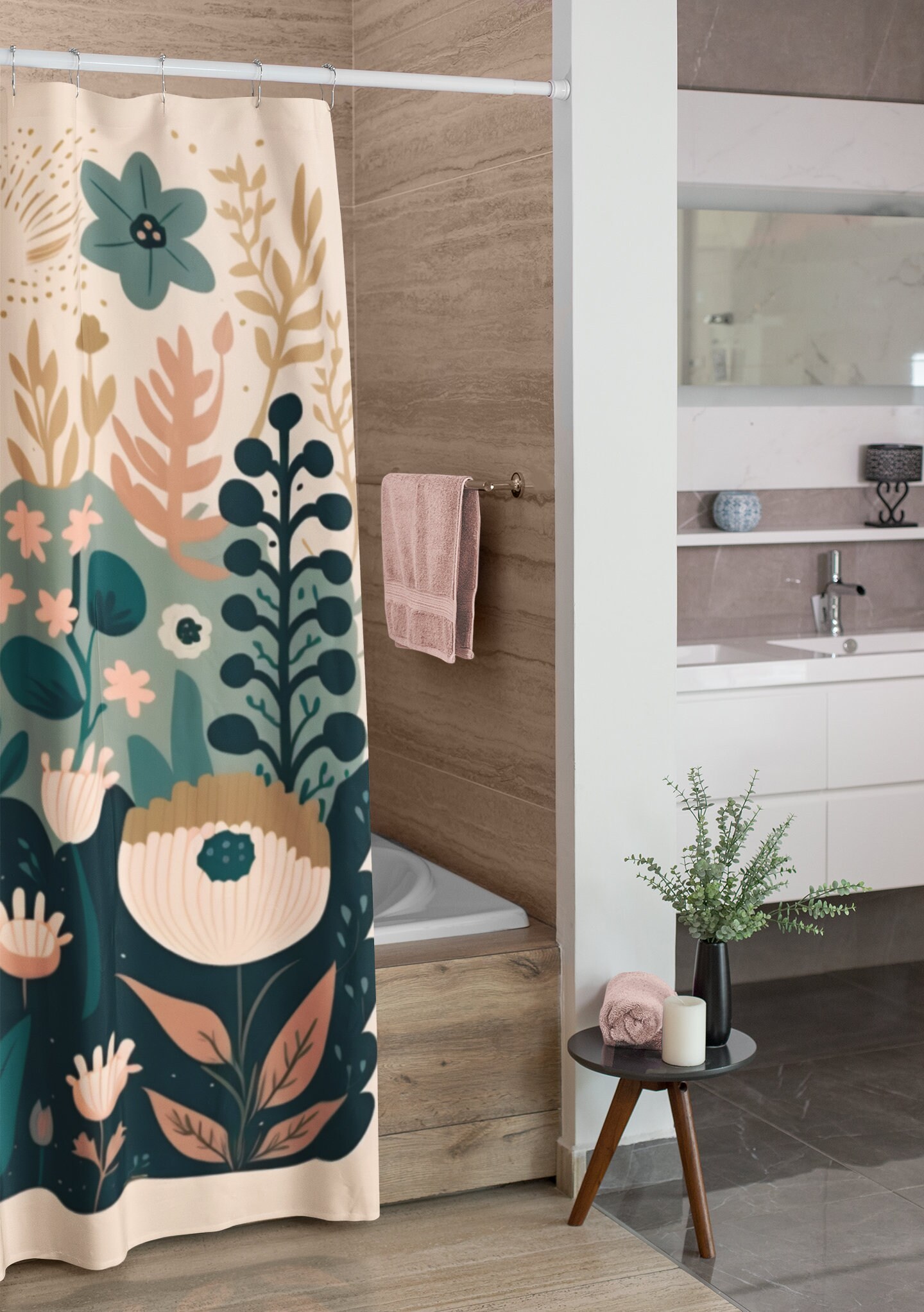 Natural Ferns Boho Shower Curtain With Pastel Pink Background For Bathroom Refresh Gifts - Image 2