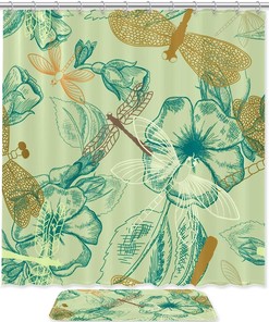 Natural Flowers & Dragonfly Printed Bathroom Tub Set With Waterproof Fabric Shower Curtain