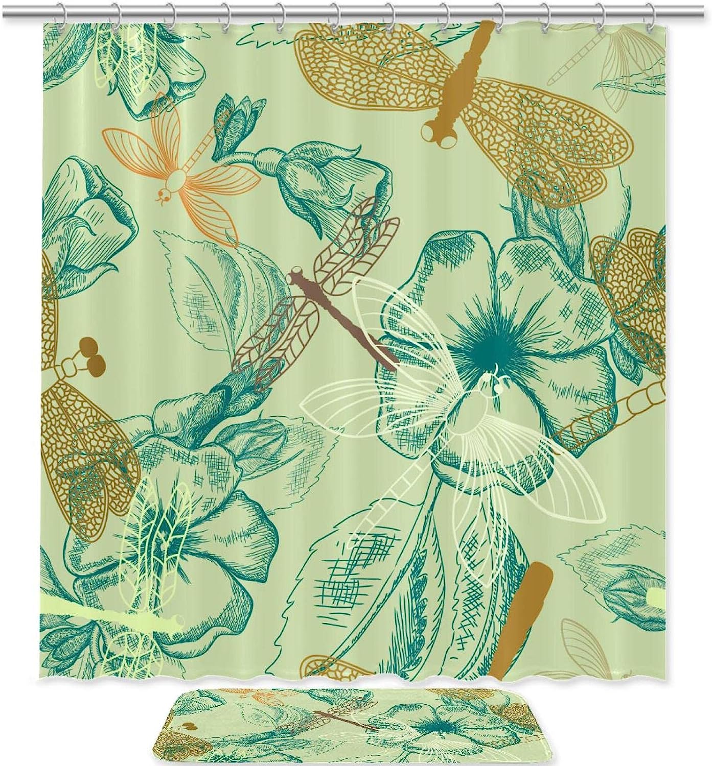 Natural Flowers & Dragonfly Printed Bathroom Tub Set With Waterproof Fabric Shower Curtain