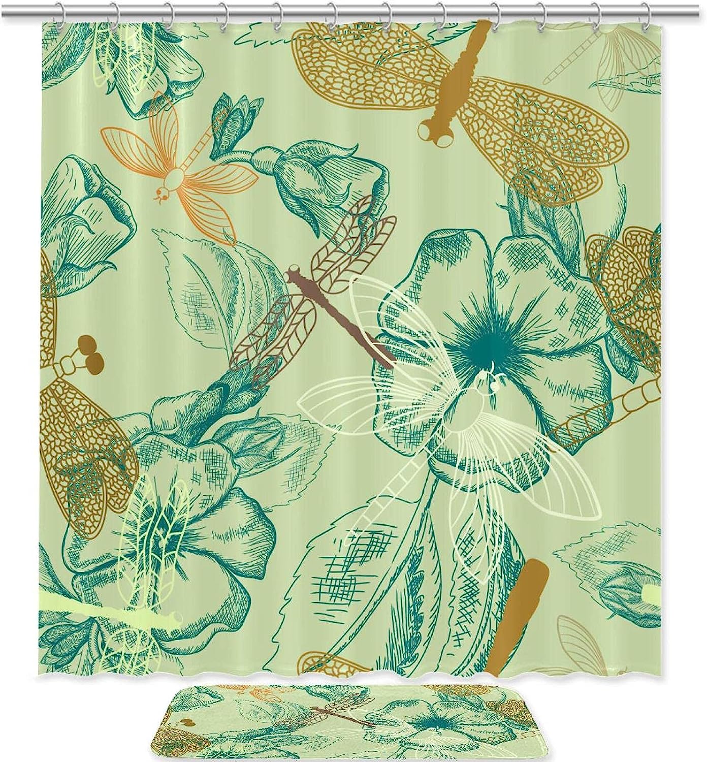 Natural Flowers & Dragonfly Shower Curtain Decorative With Microfiber Accents, Machine Washable
