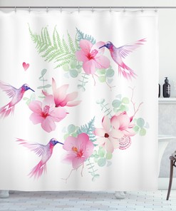 Natural Hummingbirds And Flowers Shower Curtain Kit - A Great Addition To Your Bathroom Decor