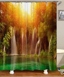 Natural Landscape Shower Curtain With Metal Grommets And Plastic Hooks For Bathroom