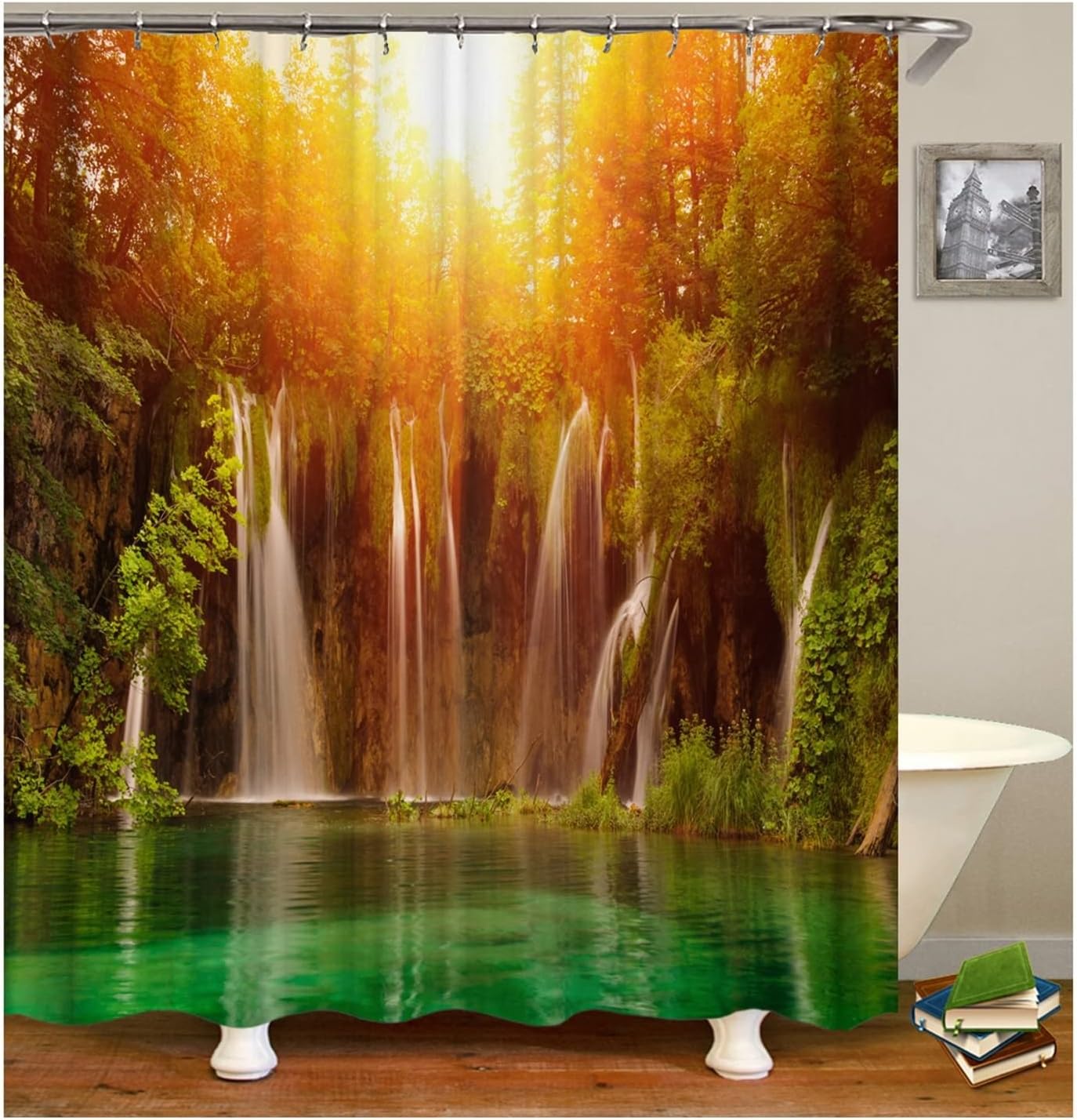 Natural Landscape Shower Curtain With Metal Grommets And Plastic Hooks For Bathroom