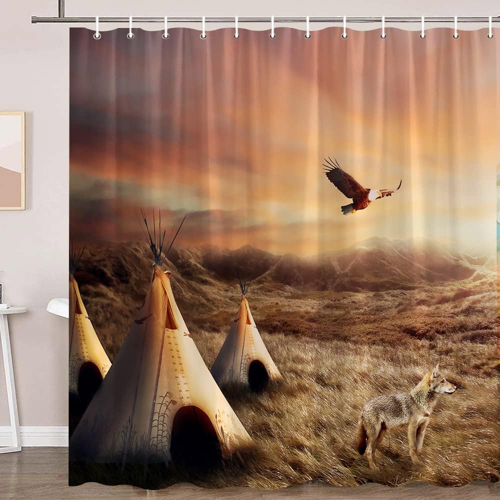 Natural Landscape Tribal Shower Curtain with Southwest Boho Fabric for Ethnic Bathroom Decor