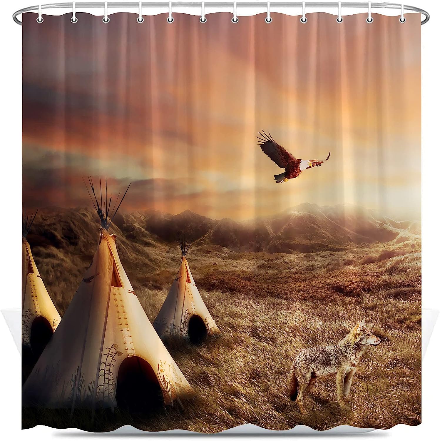 Natural Landscape Tribal Shower Curtain with Southwest Boho Fabric for Ethnic Bathroom Decor