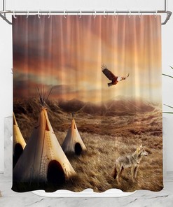 Natural Landscape Tribal Shower Curtain with Southwest Boho Fabric for Ethnic Bathroom Decor