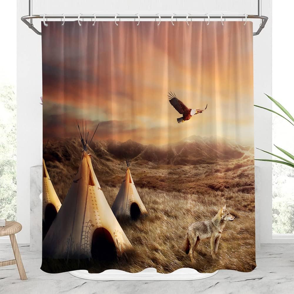Natural Landscape Tribal Shower Curtain with Southwest Boho Fabric for Ethnic Bathroom Decor