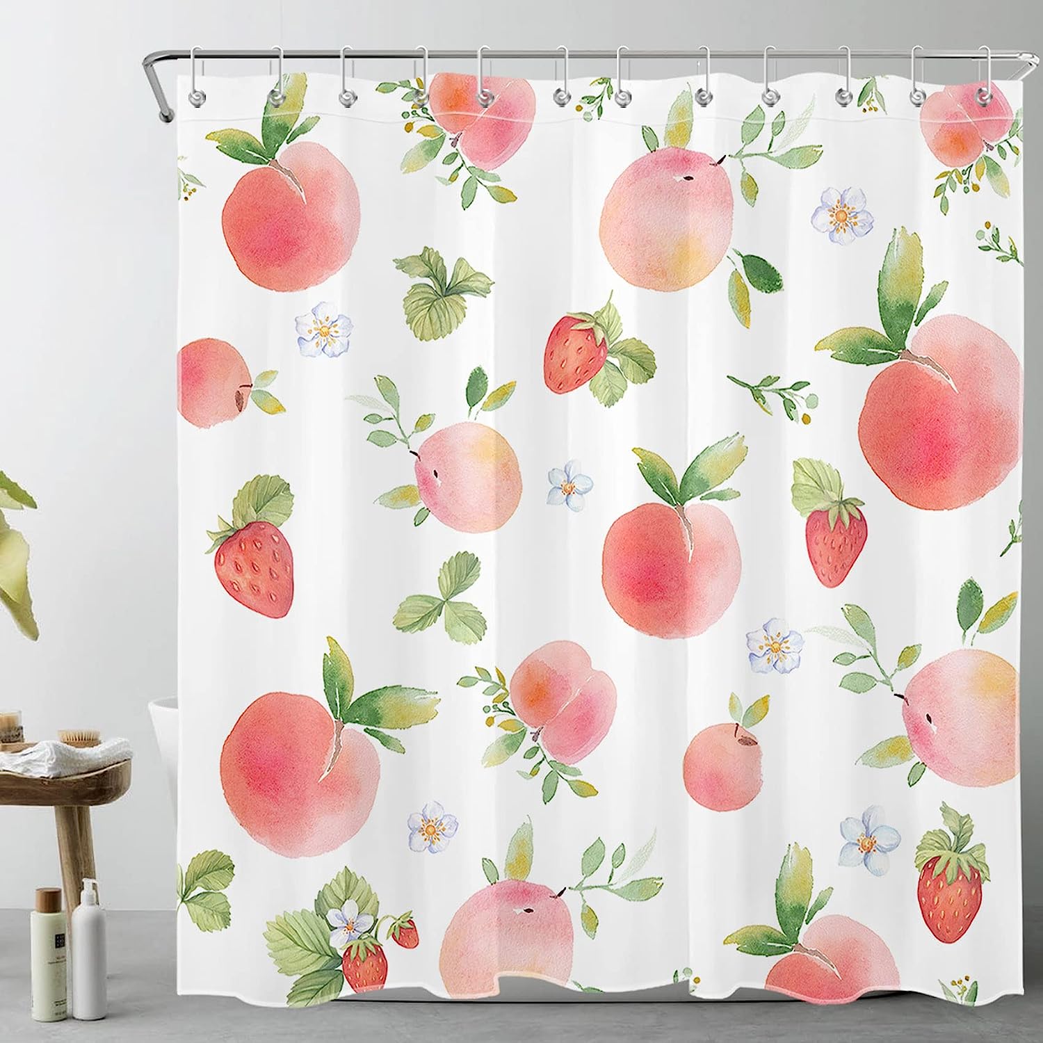 Natural Plant Fruit Peach and Strawberry Shower Curtain for Bathroom Decor