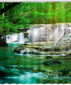 Natural Rainforest Forest Waterfall Shower Curtain With Green Trees And Tropical Jungle Scenery For Bathroom Decor
