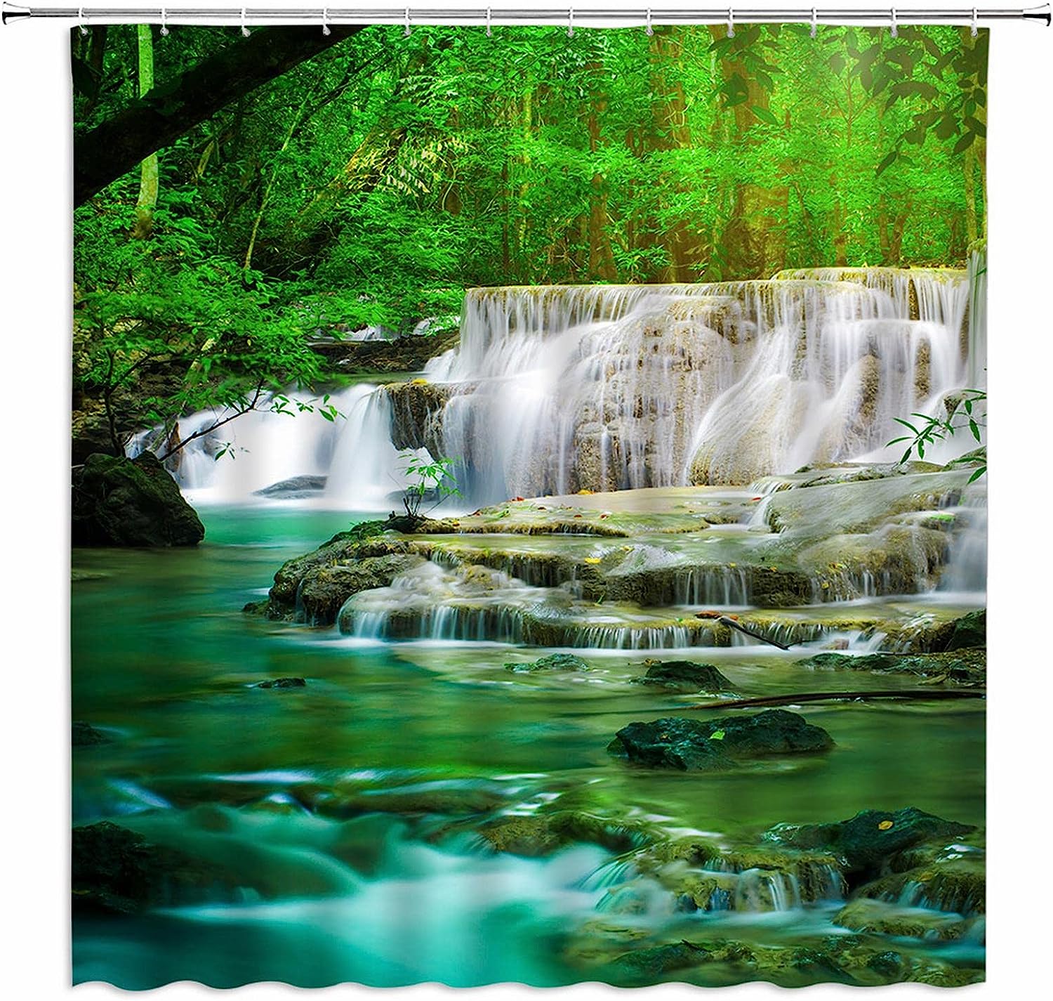 Natural Rainforest Forest Waterfall Shower Curtain With Green Trees And Tropical Jungle Scenery For Bathroom Decor
